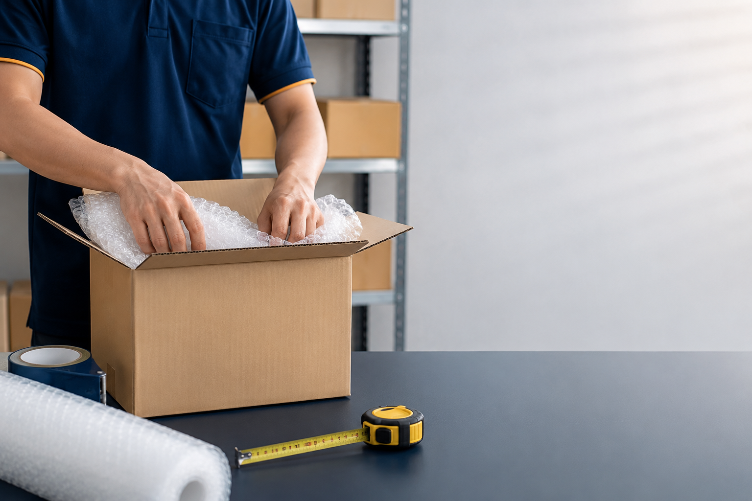 Nhân viên đóng gói kiện hàng gọn gàng trước khi gửi vận chuyển quốc tế